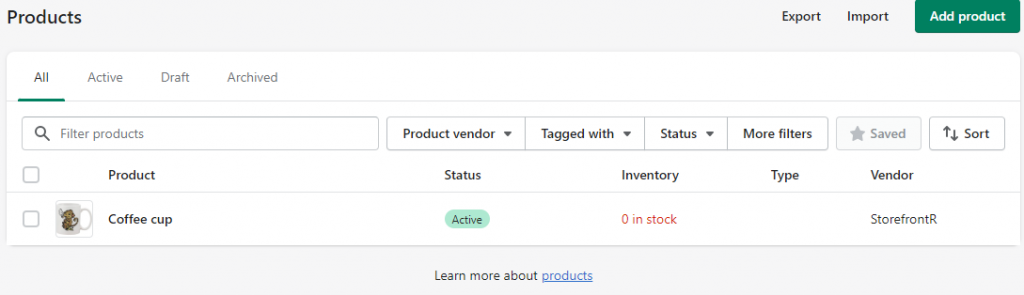 shopify products dashboard